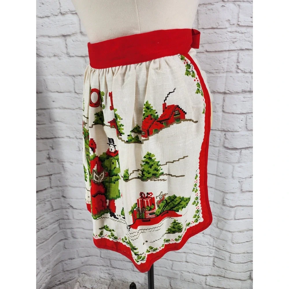 Vintage Christmas Half Apron Noel Caroling Trees Presents Kitschy Retro Party